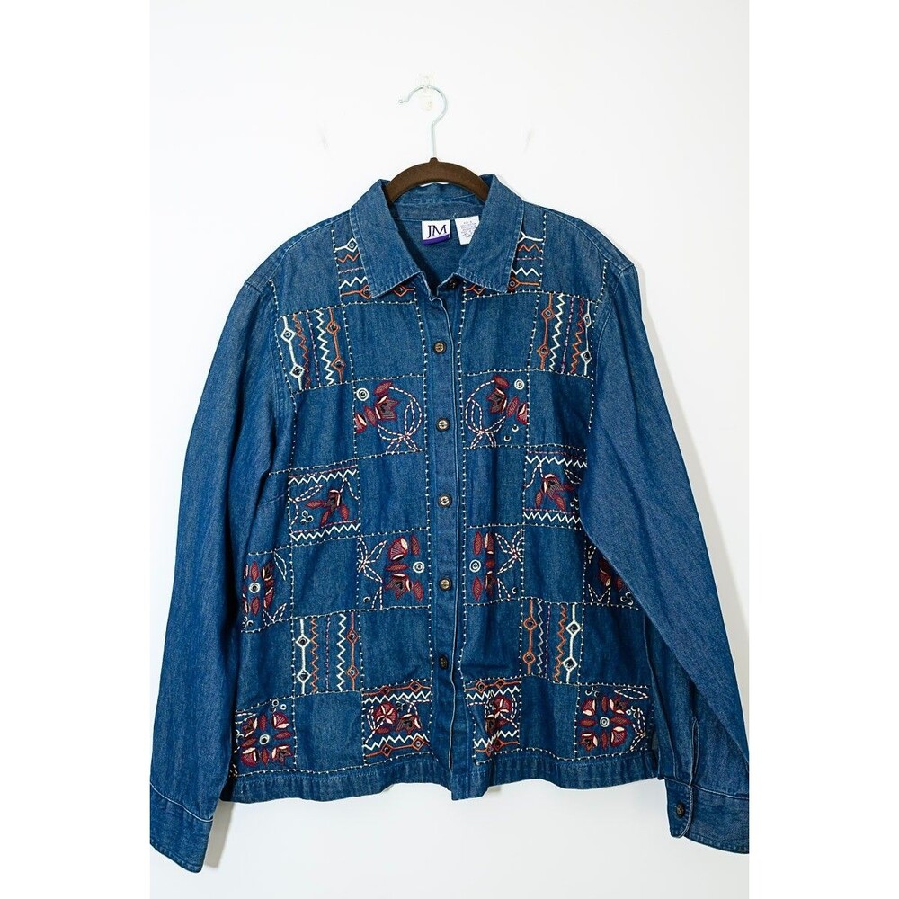 JM Collection Button down Shirt L Embroidered Denim Jean Cottage Grandma